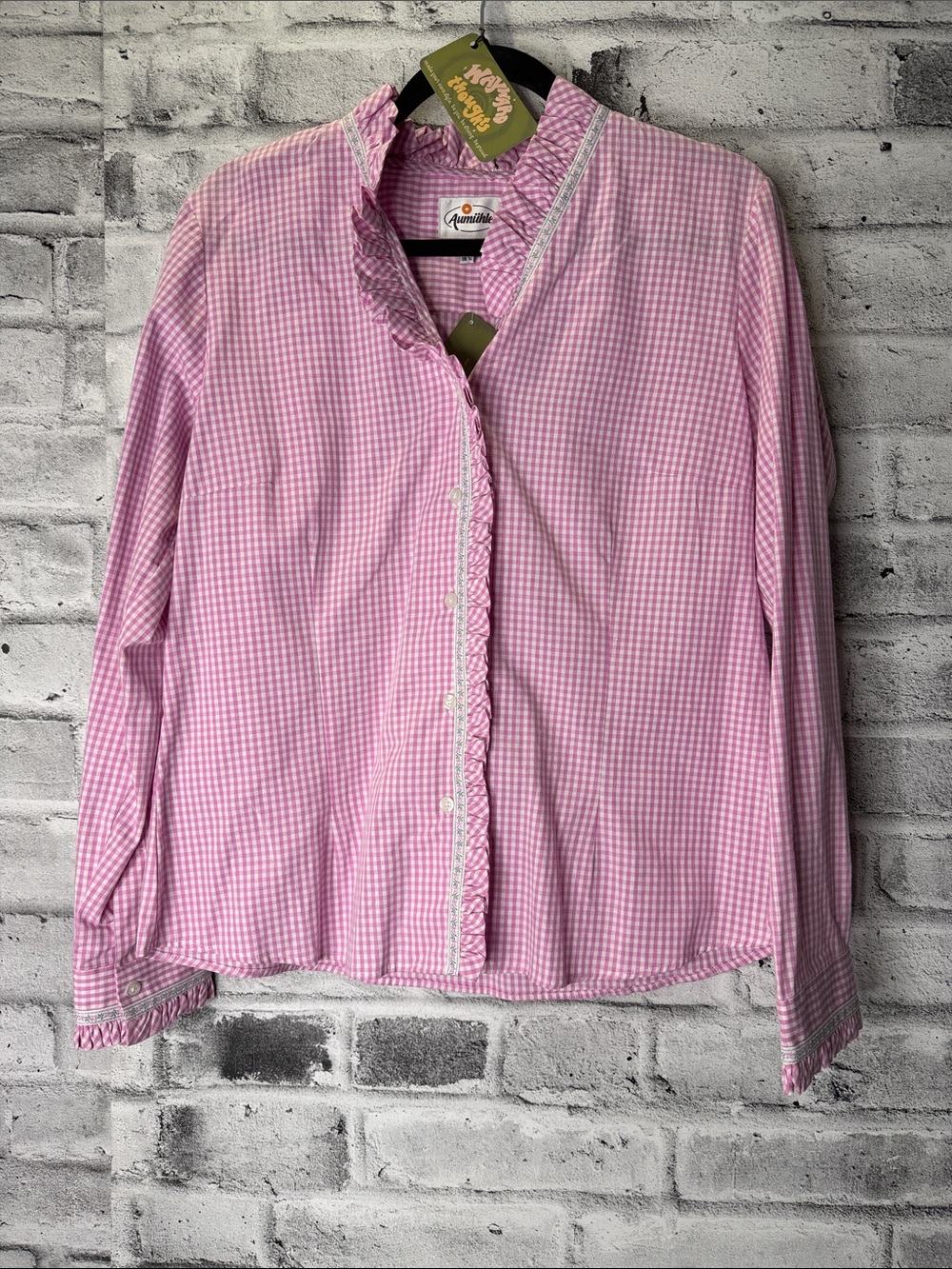 Aumuhle Pink Gingham Ruffle-Trim Button-Up Shirt